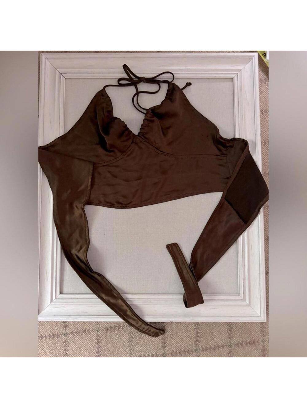 Motel Rocks brown scarf halter tie ruched satin crop top S/M